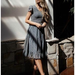 Smocked Navy Floral Midi Dress Medium NWT